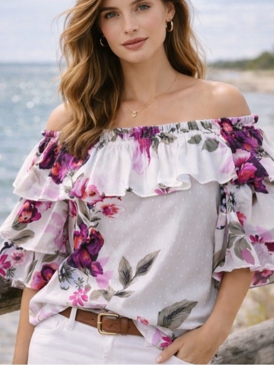 White House Black Market Tops - White House Black Market Floral Off Shoulder Ruffle Blouse Size L